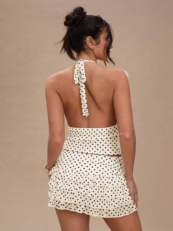 SHEIN BAE Top sin mangas de mujer con cuello halter, espalda descubierta y volantes con estampado... | SHEIN