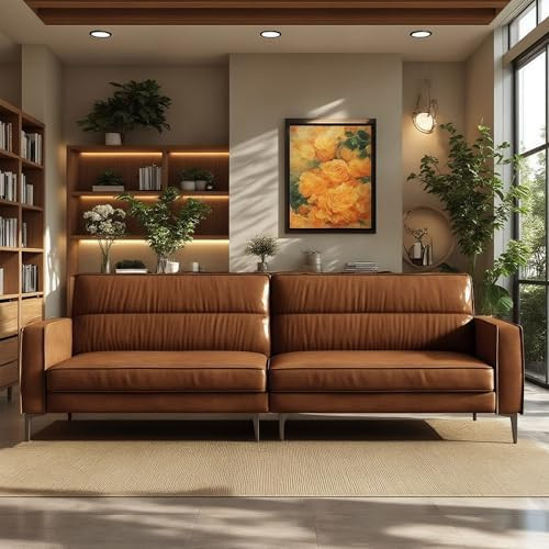 Vintage Mid-Century 3-Seater Leather Sofa – 86.61" W Brown Couch with Metal Legs, Removable Bac... | Amazon (US)