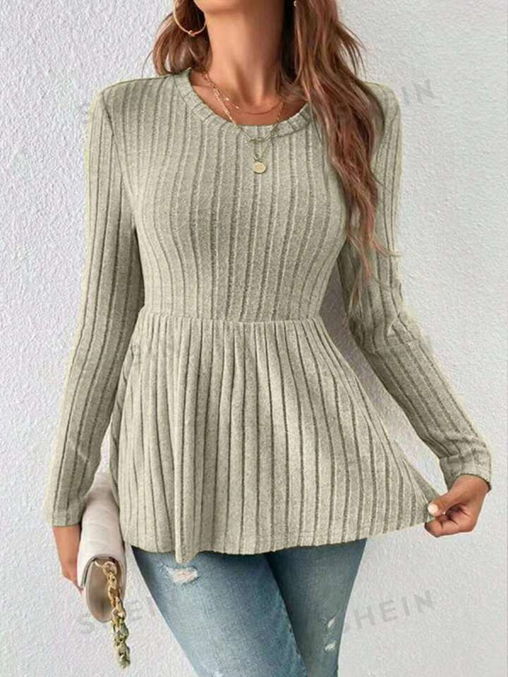 SHEIN Clasi Solid Ribbed Knit Ruffle Hem Tee | SHEIN