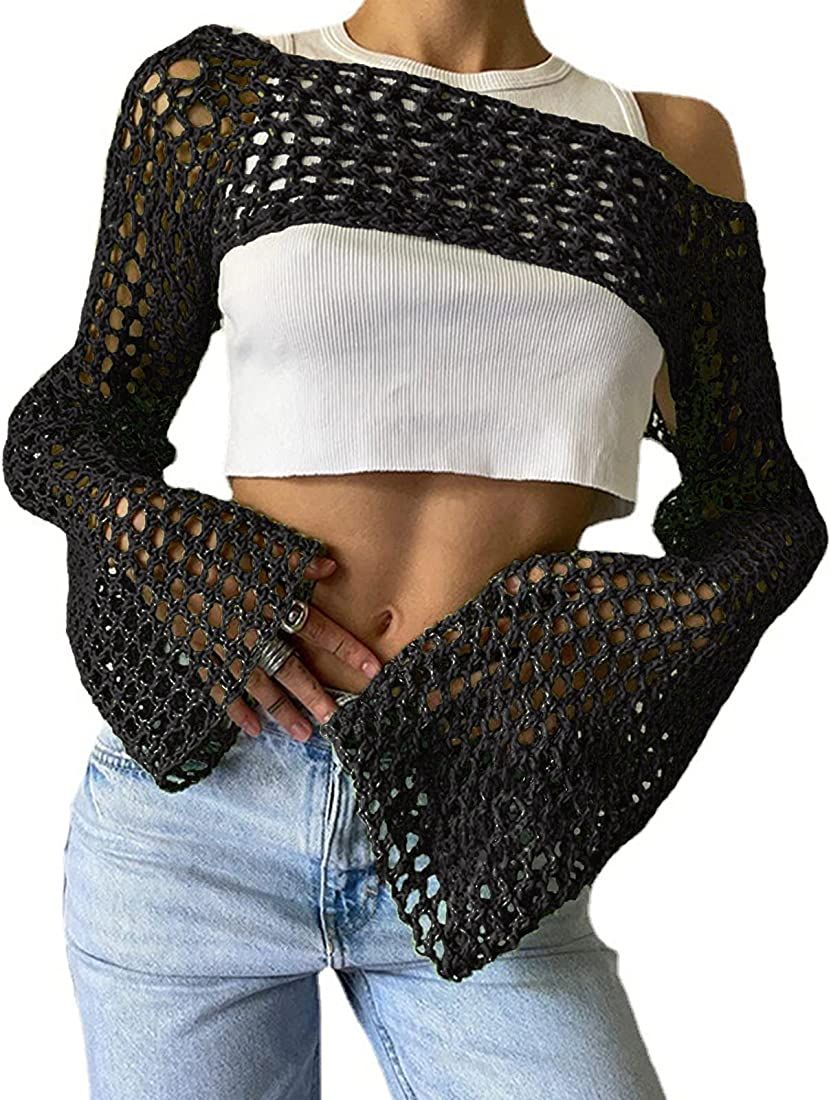 Shiyifa Women's Y2K Hollow Out Crochet Knit Crop Top See Through Long Sleeve Bolero Shrug Sweater... | Amazon (US)