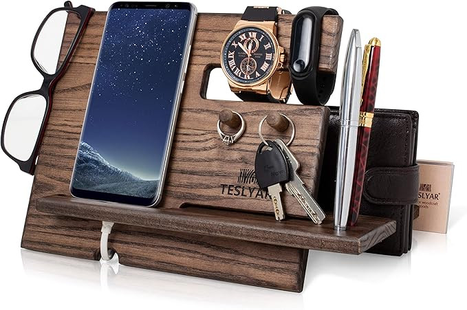 TESLYAR Wood Phone Docking Station Ash Key Hooks Holder Wallet Stand Watch Organizer Men Gift Hus... | Amazon (US)