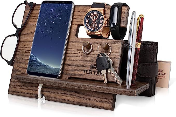 TESLYAR Wood Phone Docking Station Ash Key Hooks Holder Wallet Stand Watch Organizer Men Gift Hus... | Amazon (US)