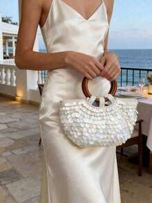 1pc White Sequin Shell Decor Wooden Round Handbag With Shoulder Strap, Women's Luxury Vacation St... | SHEIN