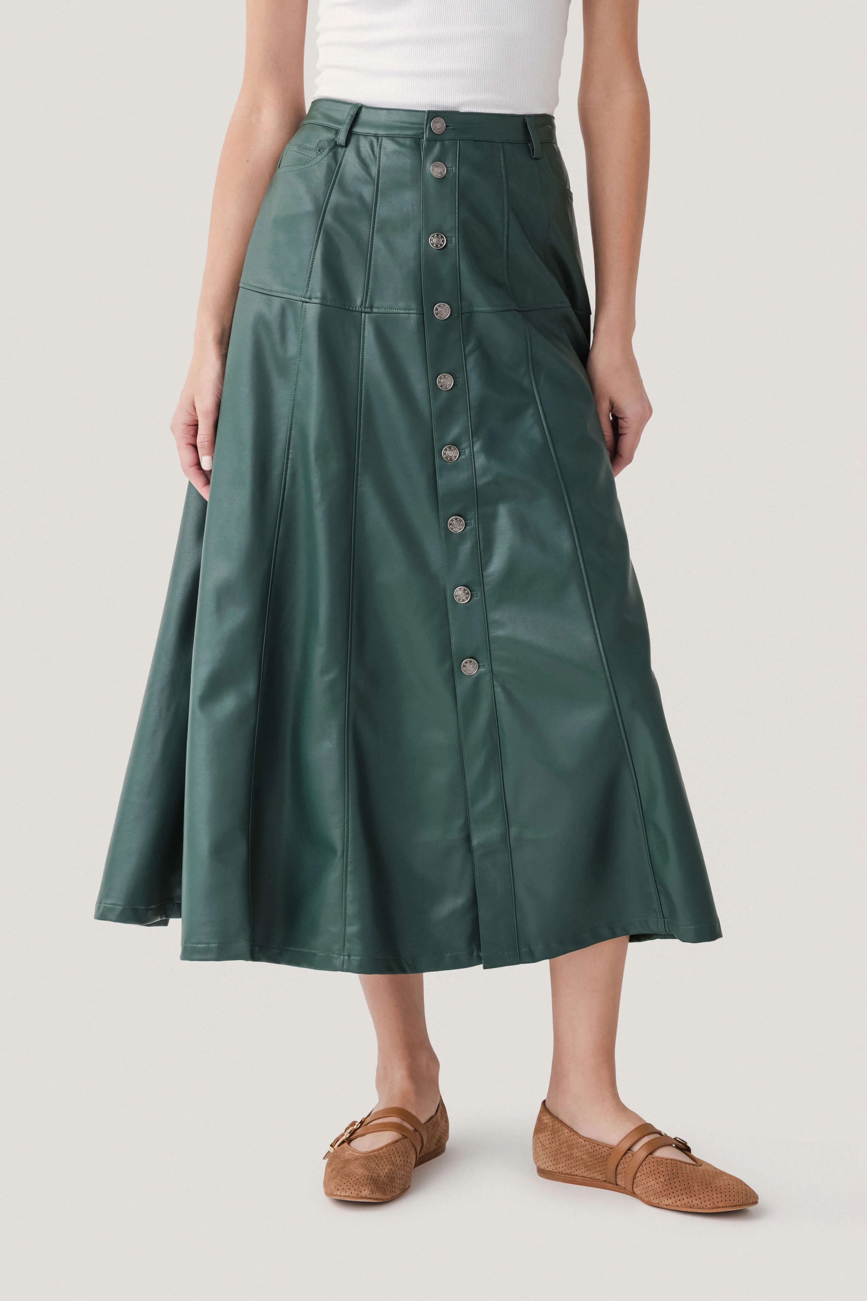 Fate Faux Leather Button Front A-Line Midi Skirt | Social Threads