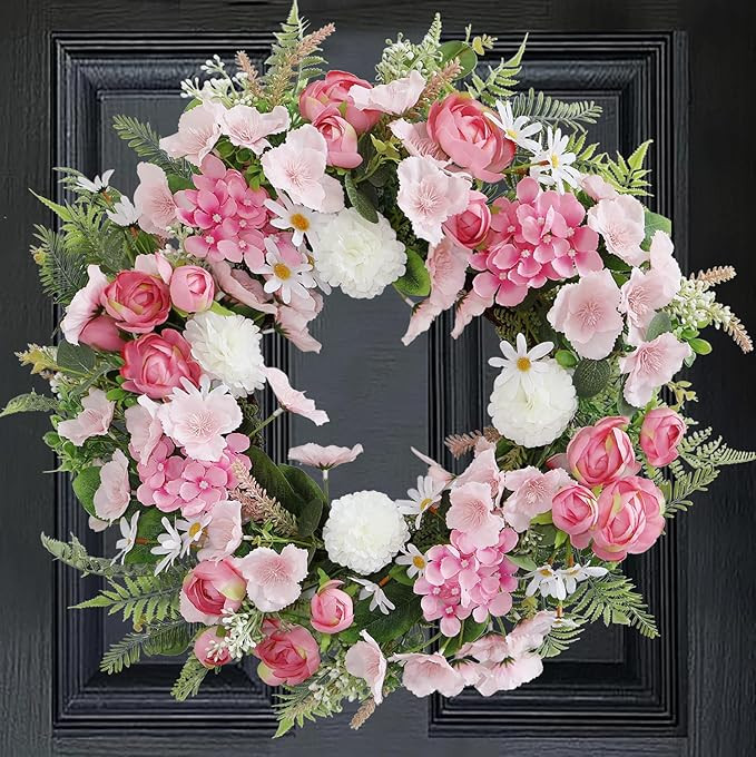 4.8 * 9 + 2vine Pink Flower Door Wreath 20-22 Inch – Spring Summer Easter Wreath | Amazon (US)