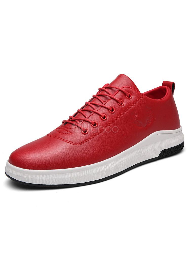 Men's Casual Shoes Red Round Toe Lace Up Flat Skate Shoes | Milanoo