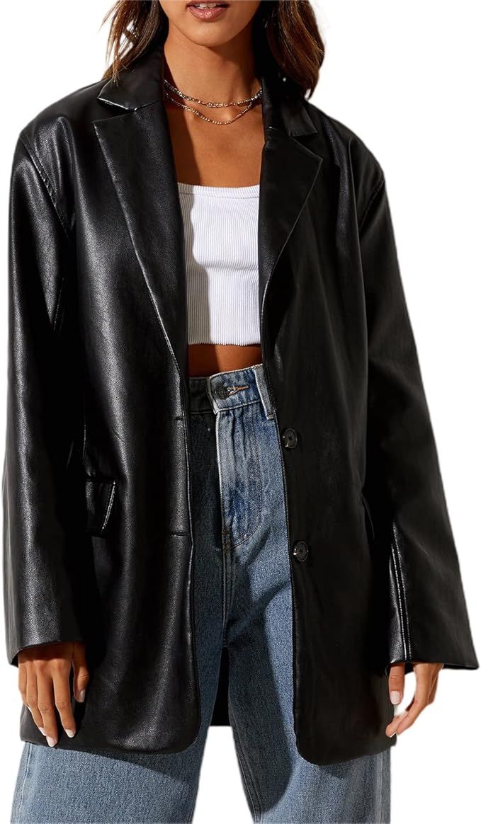 Frobukio Women Casual Faux Leather Blazer Long Sleeve Button Down Y2K PU Leather Oversized Jacket... | Amazon (UK)