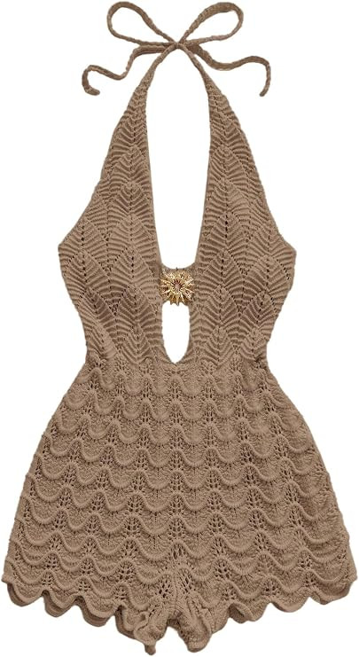 GORGLITTER Women's Crochet Rompers Sexy Deep V Halter Short Rompers Summer One Piece Jumpsuits Ba... | Amazon (US)