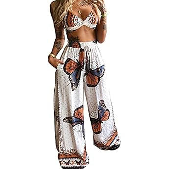 Women Two Piece Lounge Outfits Boho Floral Butterfly Print Crop Tops Elastic Waist Pant Sets Loos... | Amazon (US)