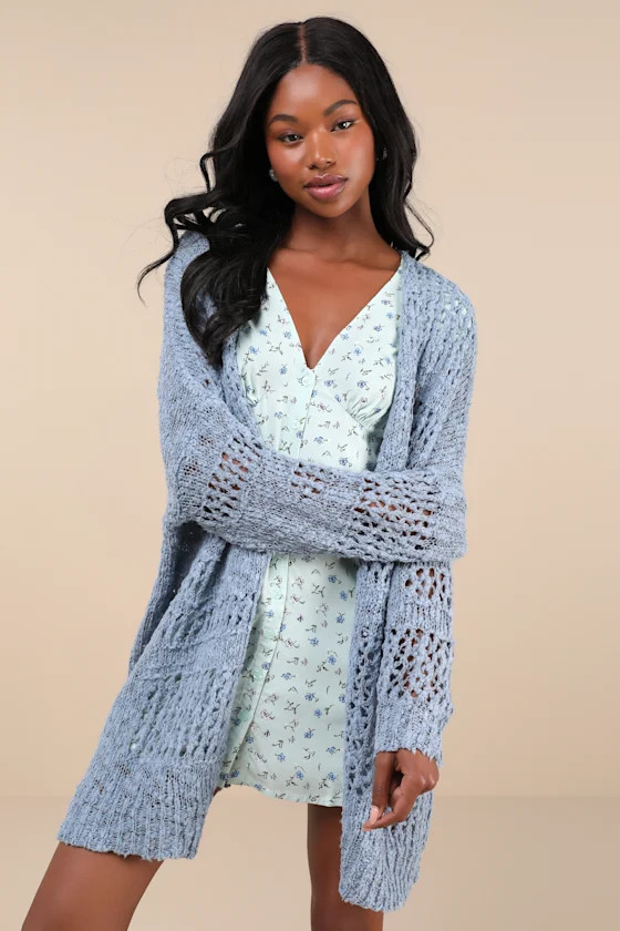 Crochet it Ain't So Slate Blue Oversized Cardigan Sweater | Lulus