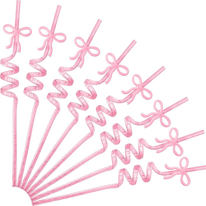 JOYIN 24 Pcs Valentine's Day Pink Glitter Straws with Bow Charms, 7.9" Reusable Plastic Straws, P... | Amazon (US)