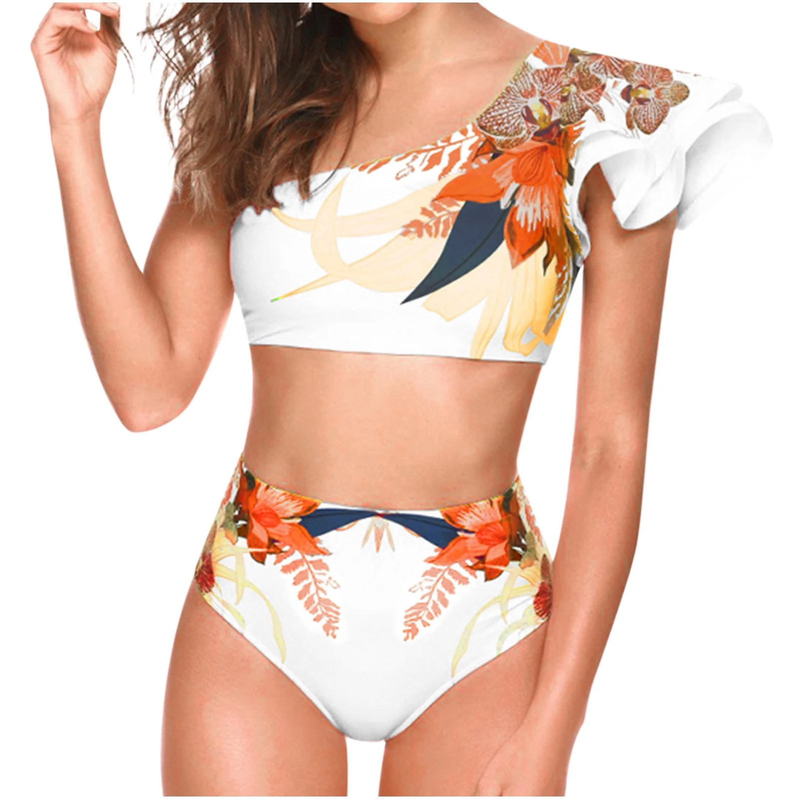 Floenr Two Piece Women's Sexy Bead Stripes Bikini Set,One-Shoulder Floral Print Halter Ruffled Hi... | Walmart (US)