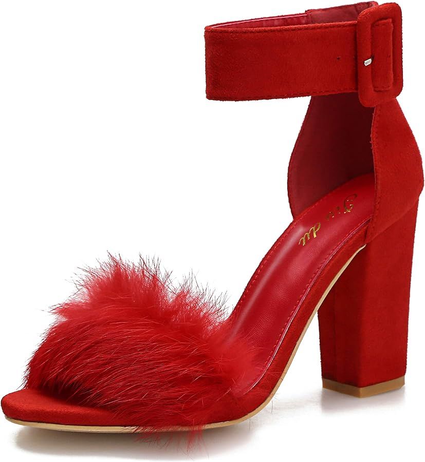 Jiu du Women's Chunky Block High Heel Sandals Fluffy Feather Faux Fur Open Toe Ankle Strap Heels ... | Amazon (US)
