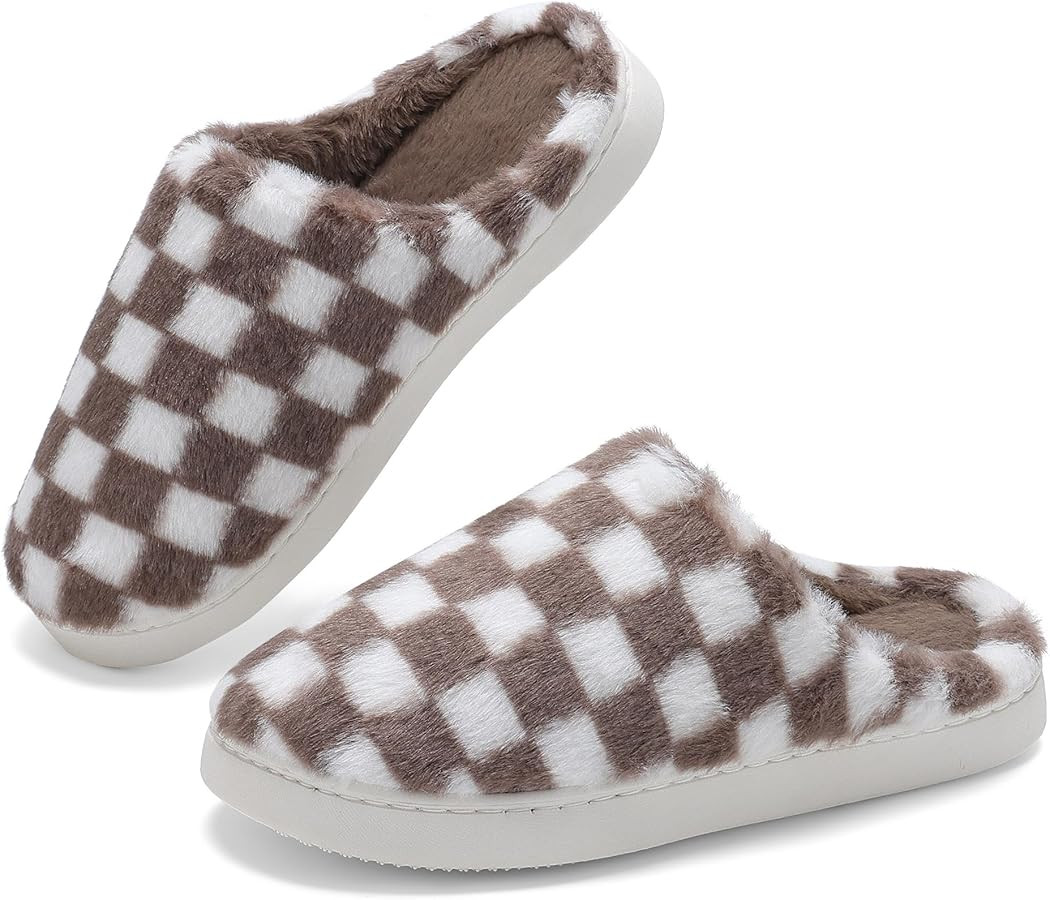 Women House Checkered Slippers - Mens Cozy Fuzzy Plaid Memory Foam Slippers with Faux Fur Lining ... | Amazon (US)