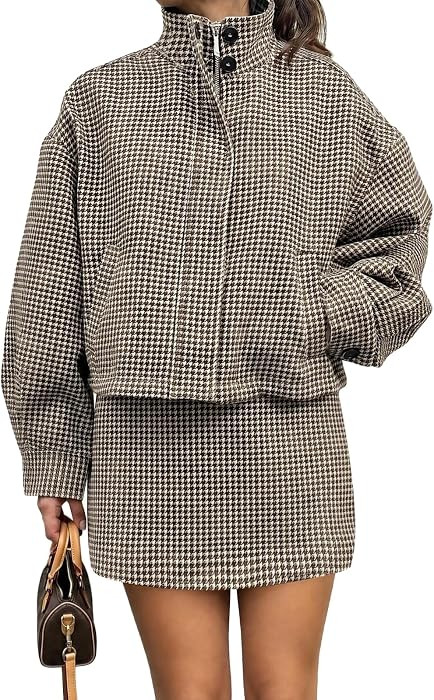 Tankaneo Womens 2 Piece Skirt Sets Plaid Bomber Jackets and Mini Skirts | Amazon (US)