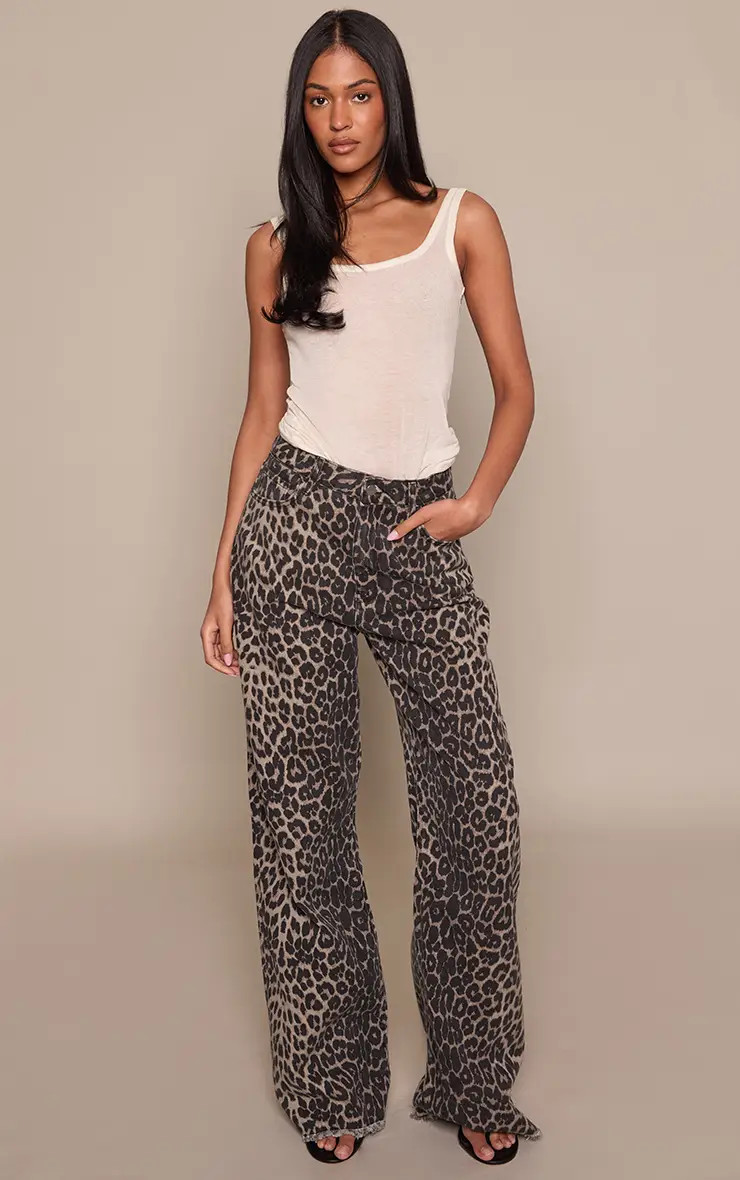 Brown Leopard Print Wide Leg Denim Jeans | PrettyLittleThing USA | PrettyLittleThing US