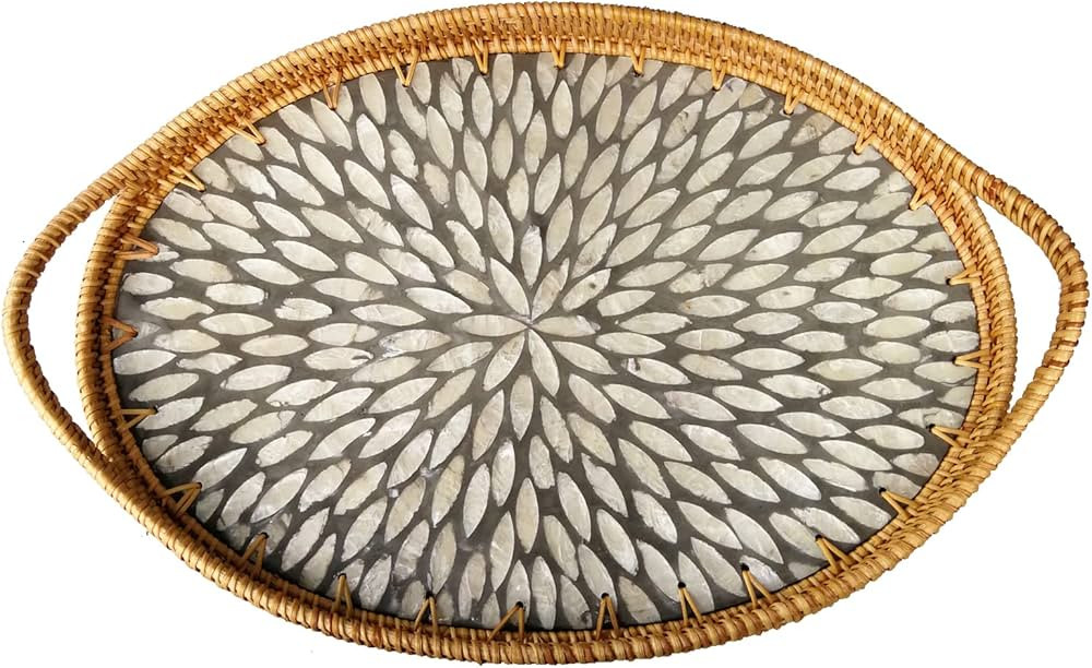 I-LAN 15 Inch Oval Rattan Woven Tray Basket with Beige MOP Wooden Base and Handles, Boho Wicker C... | Amazon (US)