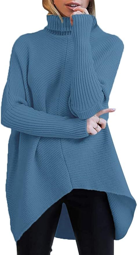 ANRABESS Womens Turtleneck Oversized Sweater 2023 Long Batwing Sleeve Asymmetric Hem Casual Knit ... | Amazon (US)
