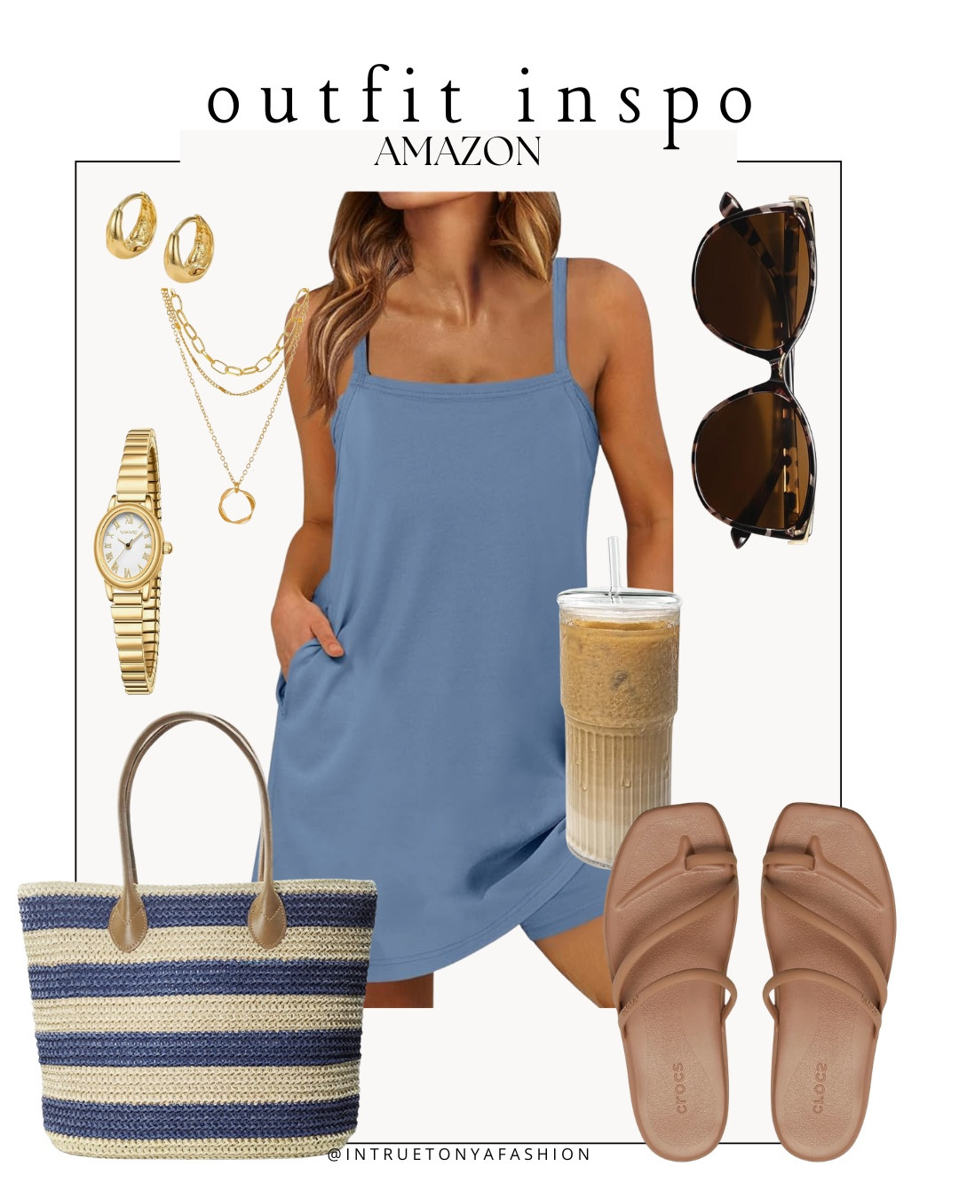 Summer outfit idea from amazon — blue romper dress with built in shorts, brown sandals, striped tote bag, and gold jewelry 





vacation outfits, tropical outfits, beach outfits, beach clothes, resort wear 2026, summer outfits, beach vacation outfit, spring outfits, coastal outfit, summer vacation, travel outfit 

#LTKPetite #LTKootd #LTKSaleAlert