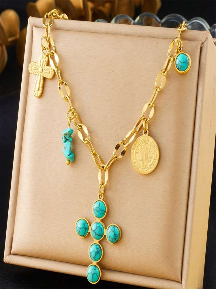 1pc Fashion Cross Turquoise Decor Pendant Necklace, Suitable For Women Everyday Wear | SHEIN