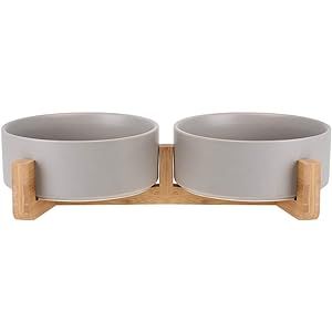 Ceramic Cat Dog Bowl Dish with Wood Stand No Spill Pet Food Water Feeder Cats Small Dogs Set of 2 | Amazon (US)