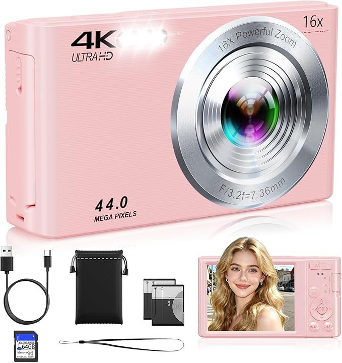 Digital Camera, FHD 4K 44MP Compact Point and Shoot Cameras with 64GB SD Card 2 Batteries, 16X Au... | Amazon (US)