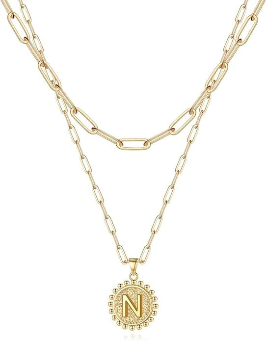 Ursteel Layered Initial Necklaces for Women - 14K Gold Plated Dainty Layering Paperclip Chain Nec... | Amazon (US)