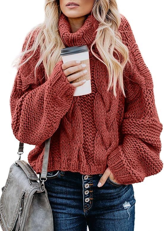 Women's Cable Knit Turtleneck Long Sleeve Oversize Chunky Pullover Sweater Outerwear | Amazon (US)