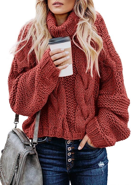 FARYSAYS Women's Casual Turtleneck Long Sleeve Loose Chunky Cable Knit Pullover Sweater Outerwear | Amazon (US)