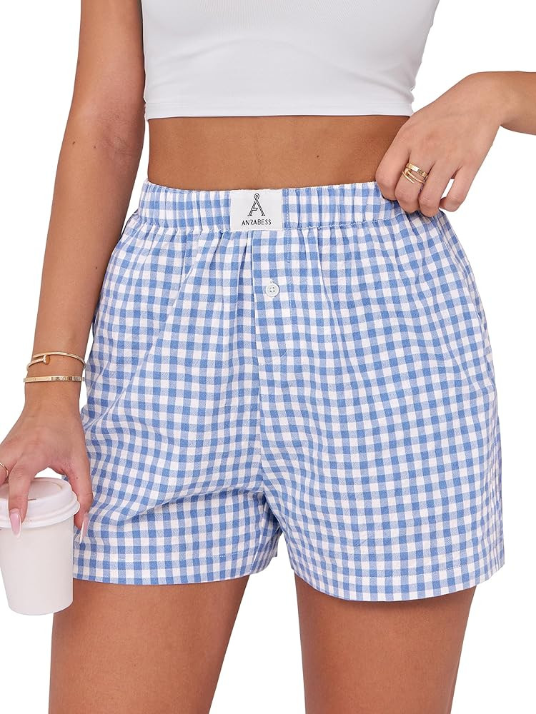 ANRABESS Boxer Shorts for Women Gingham Pajama 2025 Summer Casual Lounge Sleep Plaid Shorts Y2K B... | Amazon (US)