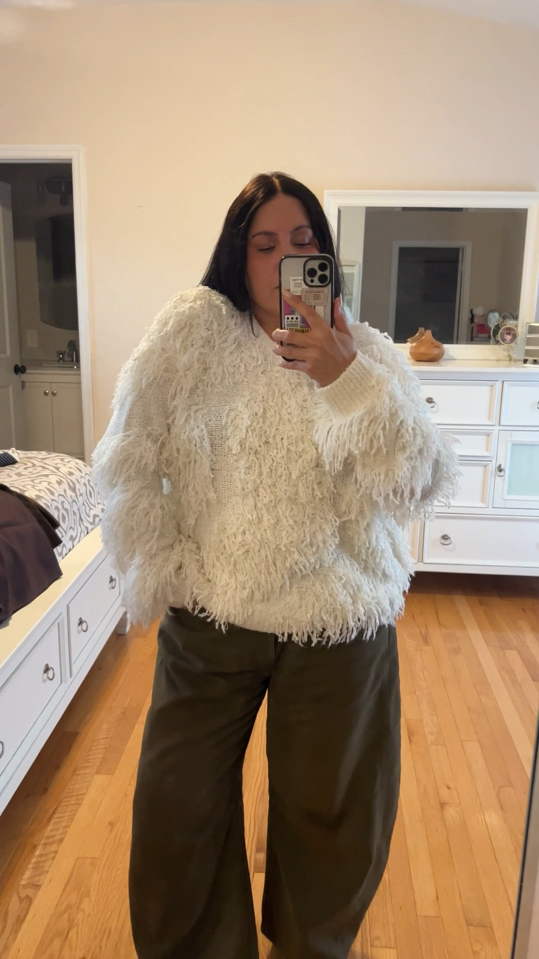 Fuzzy winter sweater of your dreams. 
I sized up Wearing xL but it’s already oversized so would recommend just getting your regular size. 
I wear size 31 in these jeans but to get a very oversized relaxed look I got size 33.


#LTKMidsize #LTKOver40 #LTKFindsUnder50