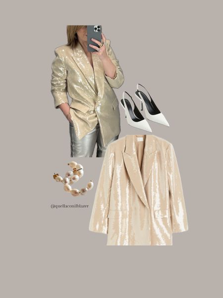 Gold sequin blazer with white décolleté and pearl earrings from H&M new collection 

#LTKeurope #LTKSeasonal #LTKHoliday