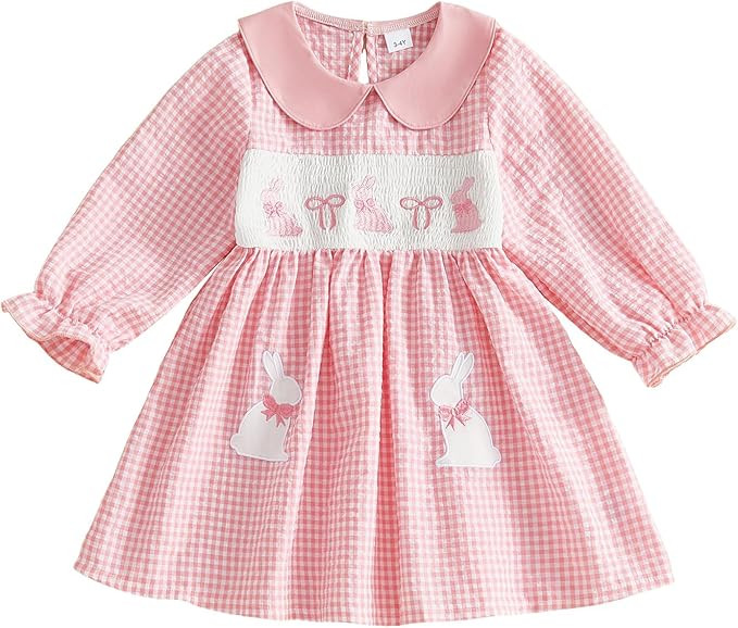 Toddler Girl Easter Dress Bunny Bow Embroidered Long Sleeve Smocked Doll Collar Plaid Dresses for... | Amazon (US)