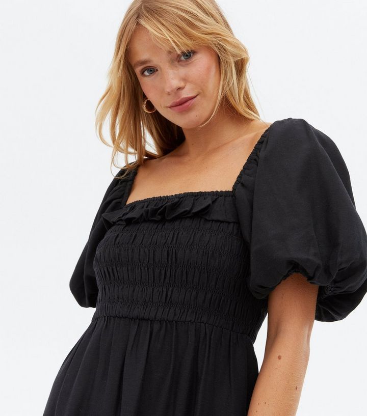 Black Linen-Look Frill Shirred Midi Dress
						
						Add to Saved Items
						Remove from Saved... | New Look (UK)