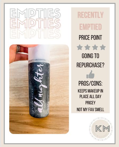 RECENTLY EMPTIED
Urban Decay All Nighter Face Stay Spray
#empties #beautyproduct #favoriteproduct

#LTKunder50 #LTKbeauty #LTKunder100