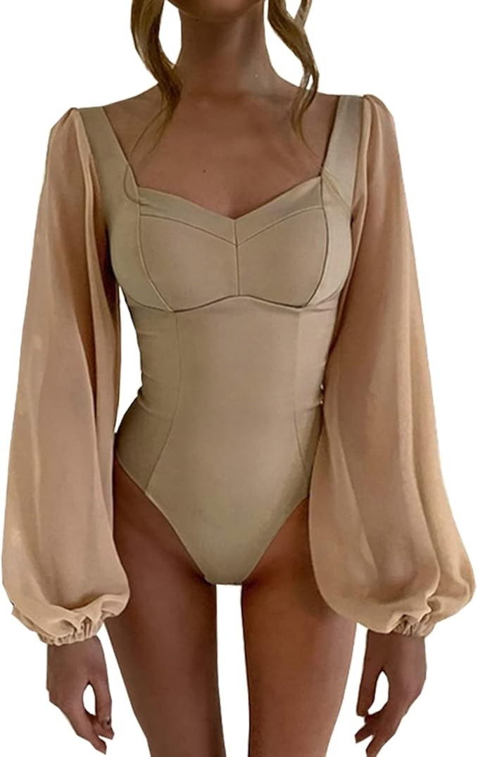 Syydn Women's Sexy Square Neck Bodysuits Puff Sleeve Tops Bodycon Jumpsuit | Amazon (US)