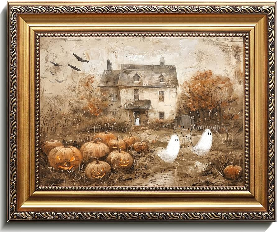 uniro Vintage Gold Framed Wall Art, Vintage Cute Ghosts Haunted Halloween Painting, Spooky Pumpki... | Amazon (US)