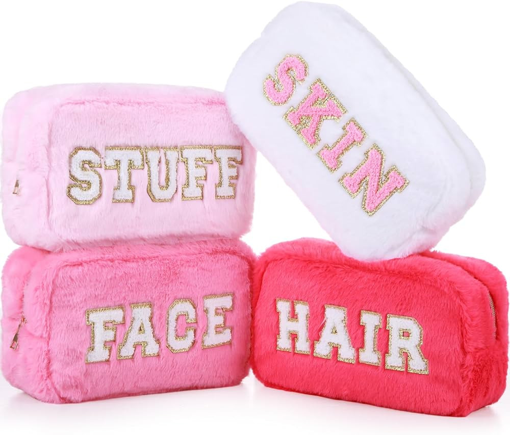 Paterr 4 Pieces Preppy Makeup Bag Chenille Letter Faux Fur Fluffy Bag Preppy Stuff Face Skin Hair... | Amazon (US)
