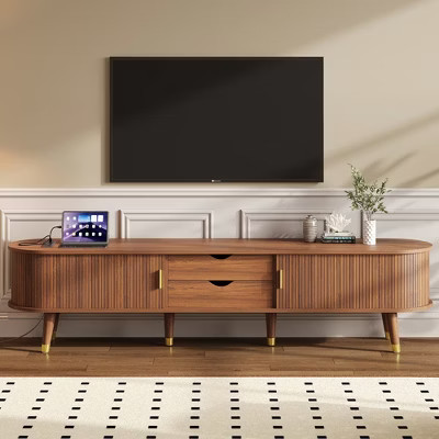 Angel Sar 75'' Modern Fluted TV Stand with Charging Station, Oval Media Console with Golden Handles, Sliding Tambour Doors & Storage Drawers, Walnut | Target