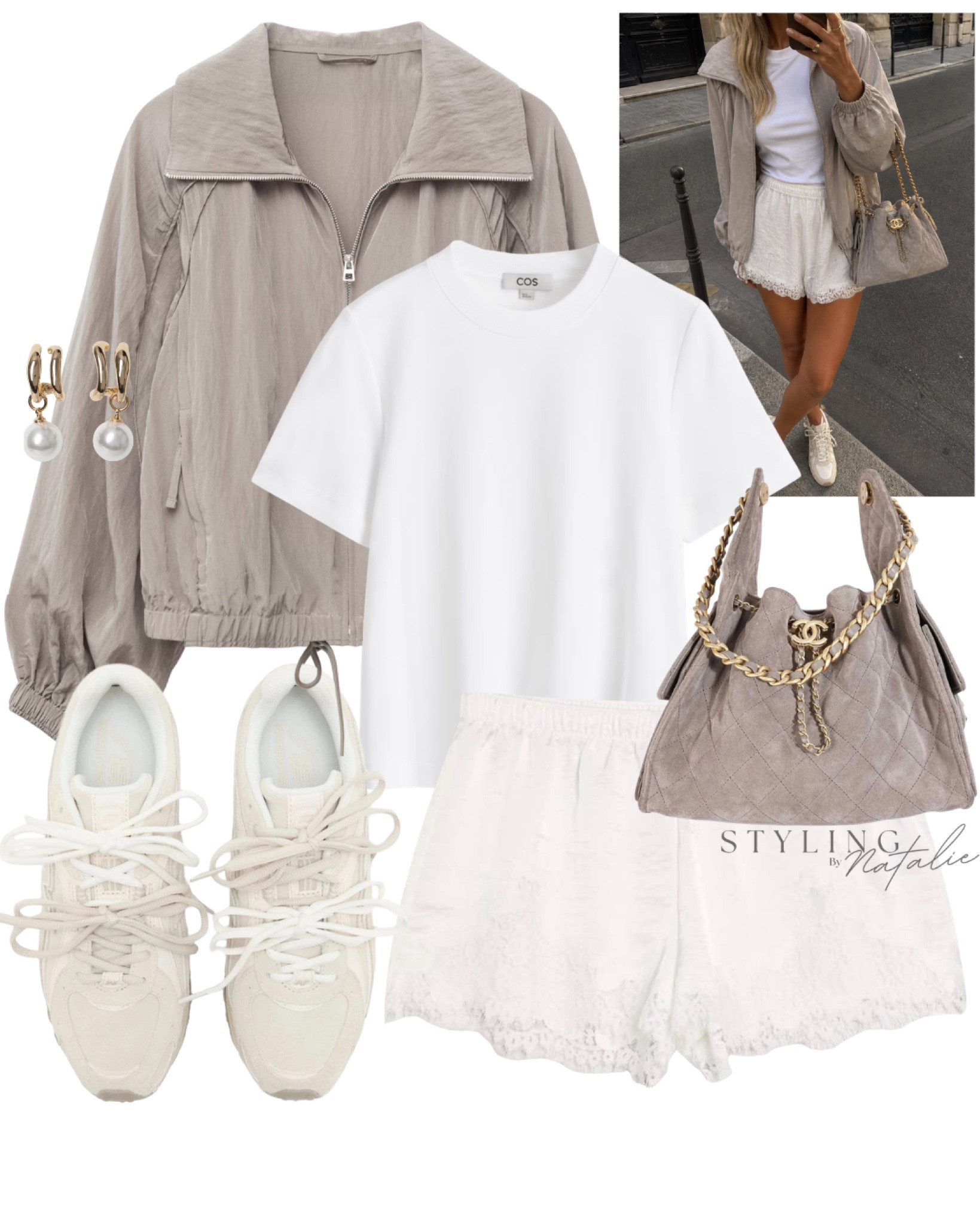 Spring trending- Satin & Lace shorts. 
Everyday wear, casual chic, London style, spring look, taupe, neutral style, shacket, windbreaker jacket, white t-shirt, Chanel 25, new balance

#LTKspring #LTKuk #LTKsummer