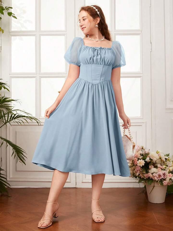 SHEIN Teen Girls Square Neck Puff Sleeve Ruched Bust Dress | SHEIN