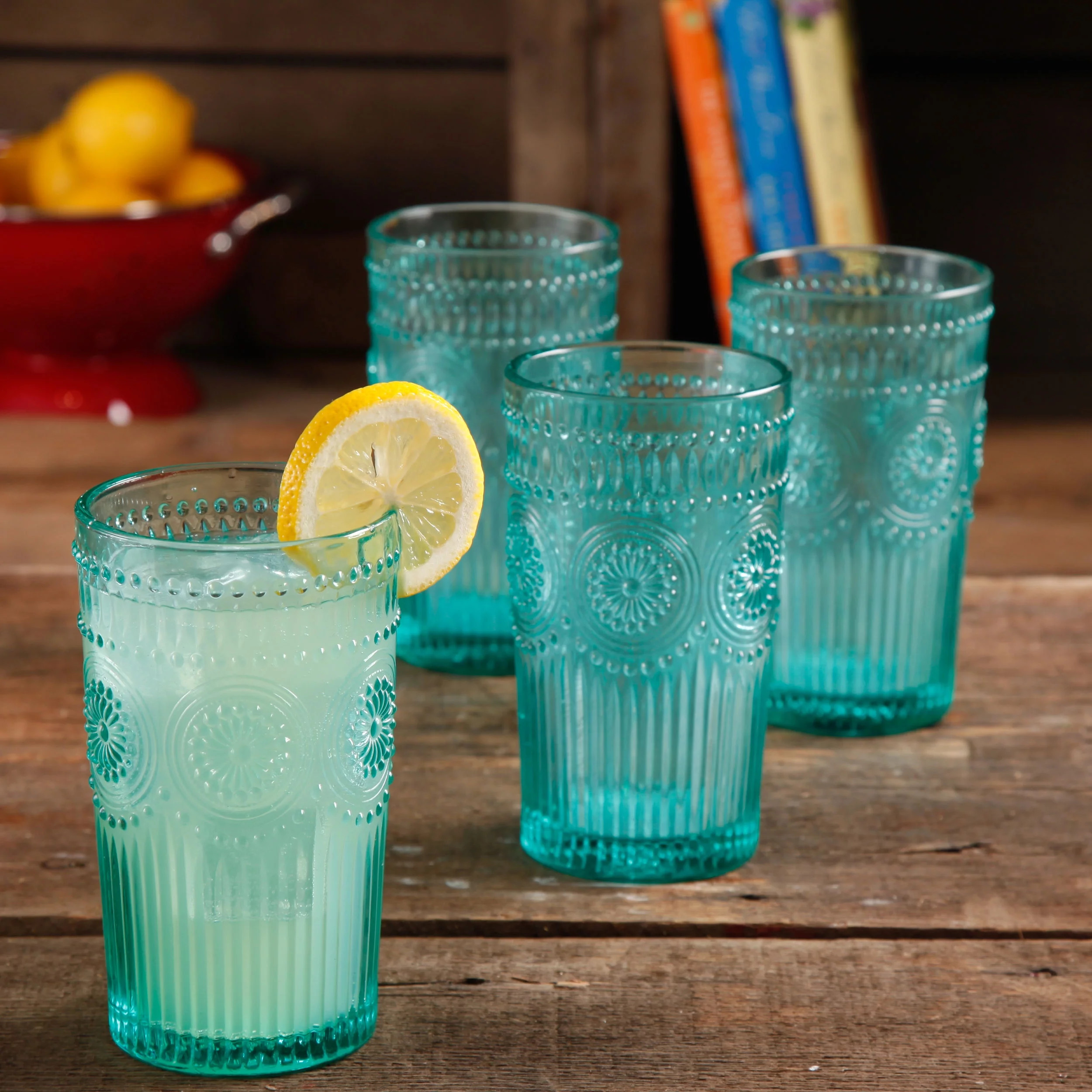 The Pioneer Woman Adeline 16-Ounce Emboss Glass Tumblers, Set of 4, Plum | Walmart (US)