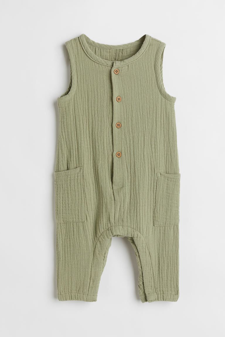Sleeveless romper suit in soft, crinkled cotton jersey. Buttons at front, patch side pockets, and... | H&M (US + CA)