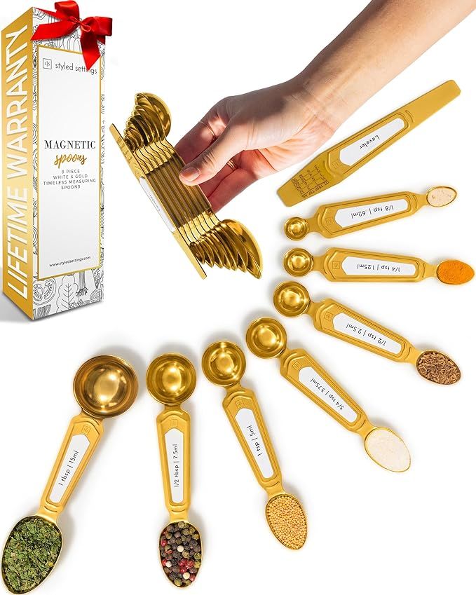 White and Gold Measuring Spoons with Leveler - Featuring 8PC Upgraded Style, Dual-Sided, Stackabl... | Amazon (US)