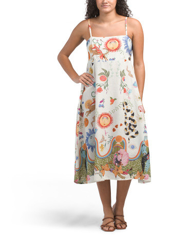 Made In Italy Linen Blend Vacation Print Midi Dress | TJ Maxx
