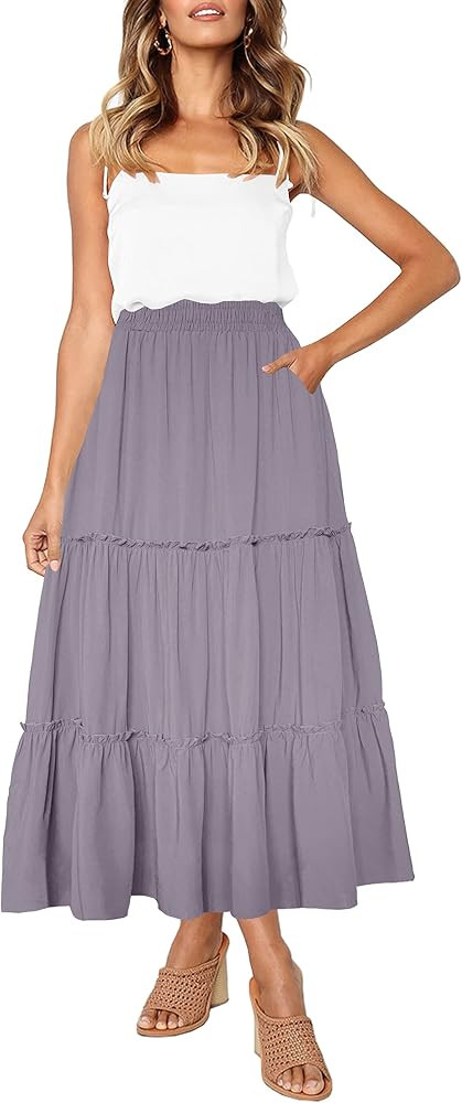 Afibi Womens High Waist A Line Ruffle Swing Long Maxi Skirt with Pockets | Amazon (US)