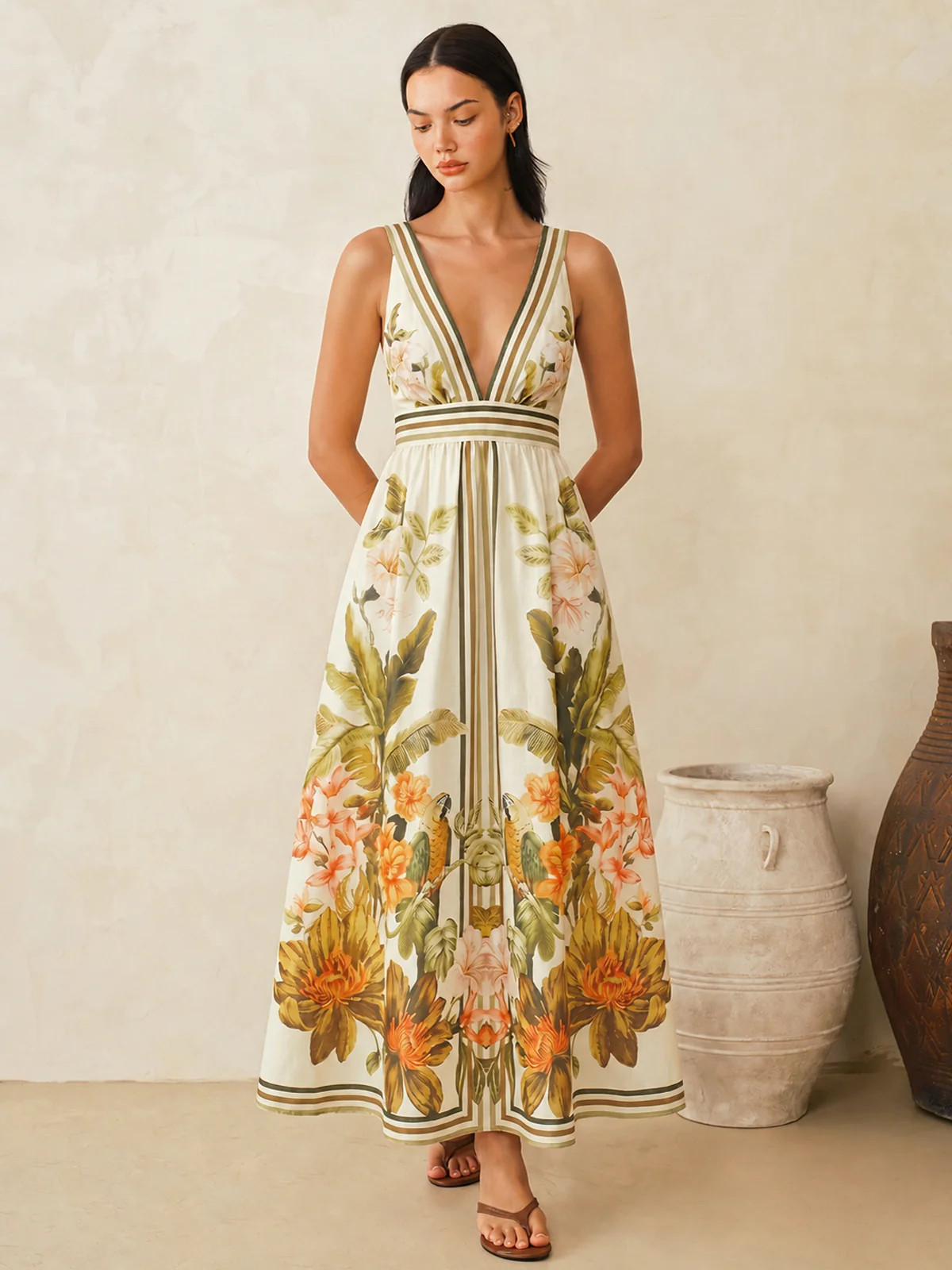 Tropical Floral Print Deep V-Neck Maxi Dress | Commense