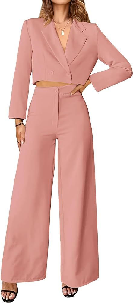 PRETTYGARDEN Women's 2 Piece Outfits 2024 Fall Casual Wrap Crop Blazers Jackets Wide Leg Pants Se... | Amazon (US)