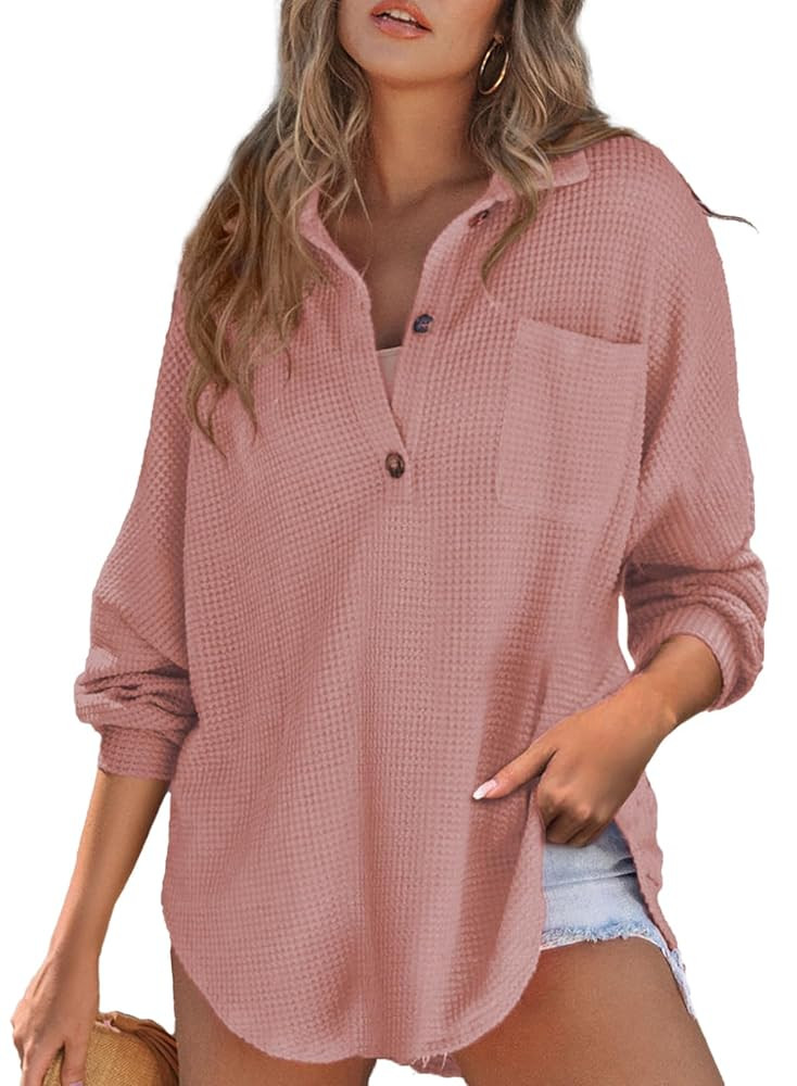 Astylish Women Waffle Knit Tops Henley Shirts Long Sleeve V Neck Solid Color Casual Tunic | Amazon (US)