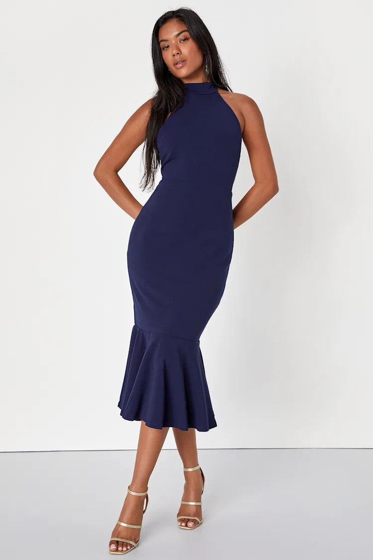 Glamorous Feelings Navy Blue Backless Halter Trumpet Midi Dress | Lulus (US)